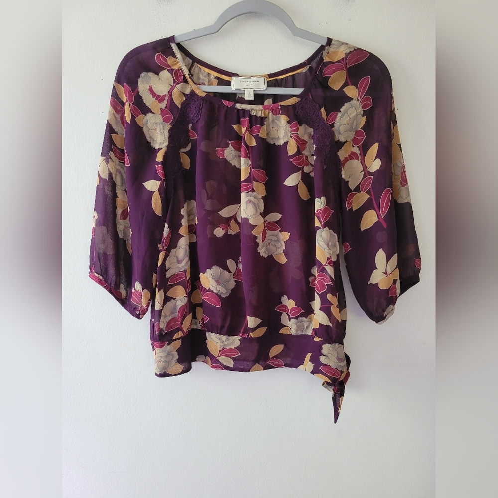 Anthropologie Purple Moulinette Soeurs Silk Blouse 2 Floral Sheer Romantic Date